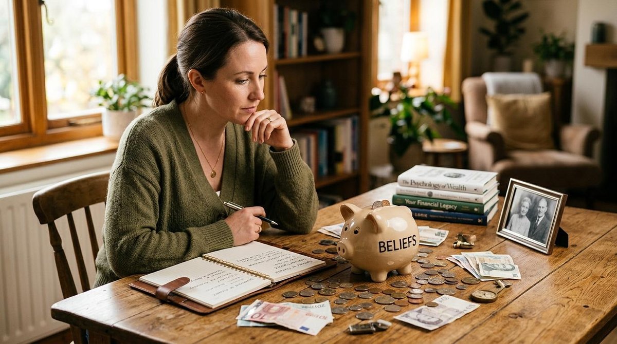 Una persona pensativa observando una alcancía y monedas sobre una mesa de madera, simbolizando las creencias heredadas y las emociones detrás de las d