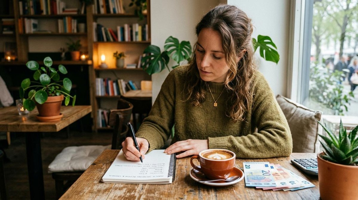 Una persona escribiendo en un cuaderno de notas junto a una taza de café y billetes, realizando un ejercicio de autoevaluación de sus hábitos de gasto