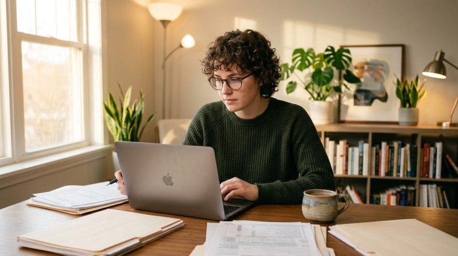Persona revisando su declaración anual de impuestos como persona física en una laptop con el portal del SAT abierto