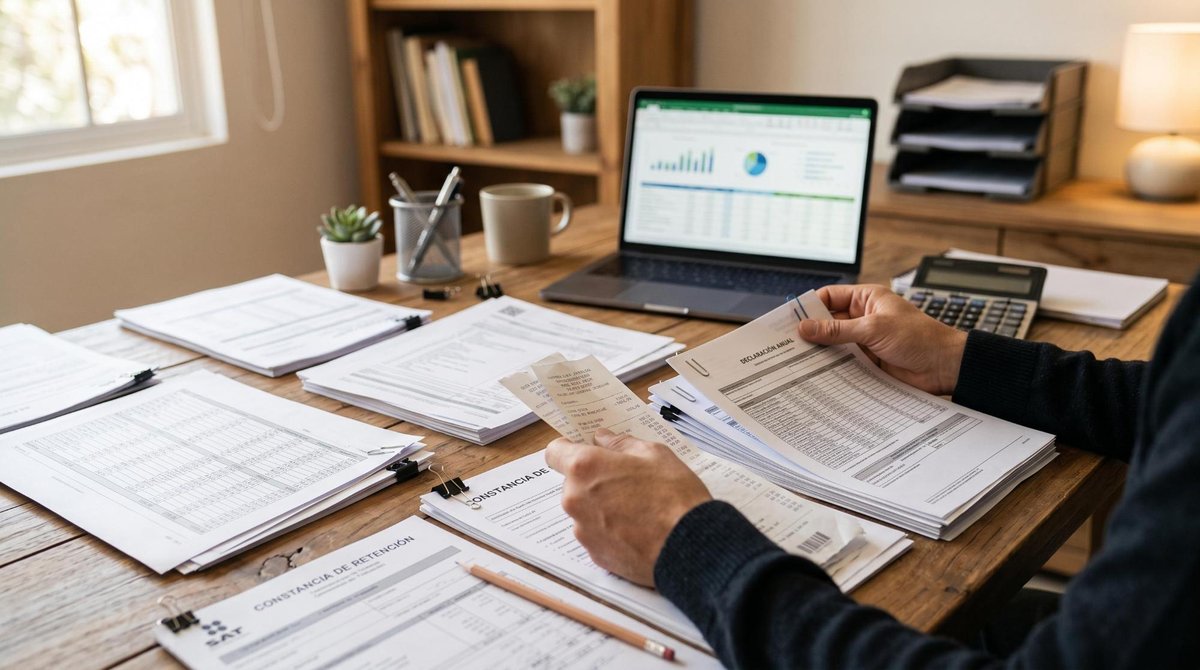 Manos organizando cuidadosamente documentos fiscales, constancias de retención y recibos sobre una mesa de trabajo limpia con una calculadora y laptop