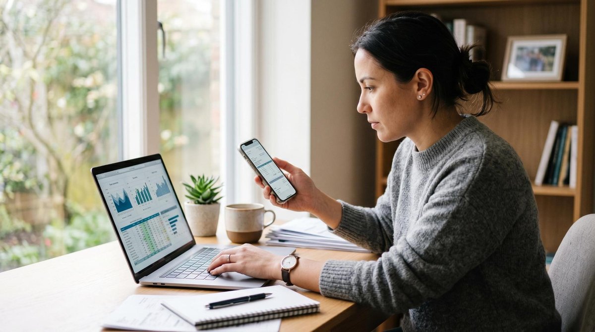 Primer plano de una persona revisando comprobantes fiscales digitales en su teléfono mientras consulta información en una laptop, con un escritorio or