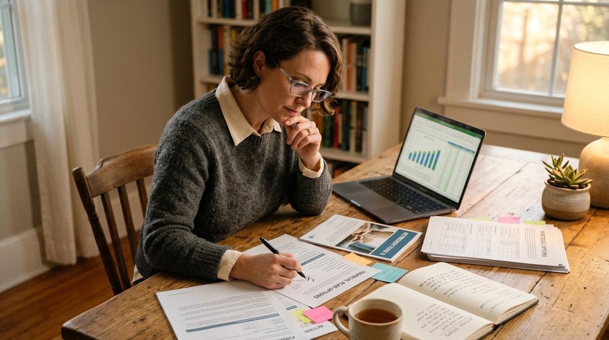 Una persona con expresión pensativa observando varios documentos y opciones financieras sobre una mesa, representando el proceso de superar la fatiga