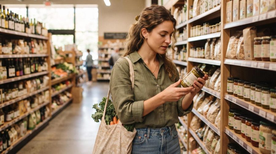 Persona comparando etiquetas de productos en un supermercado para identificar marcas éticas y sustentables