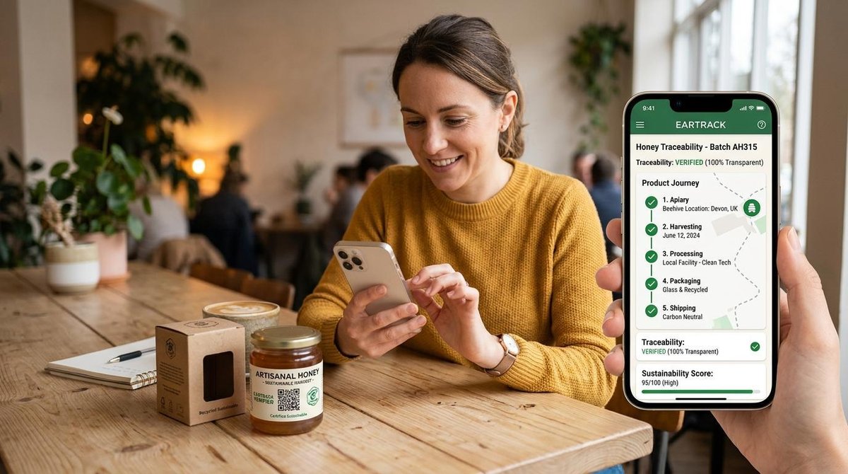 Persona utilizando una aplicación móvil en su teléfono para verificar información de trazabilidad de un producto sostenible, con el producto y el telé