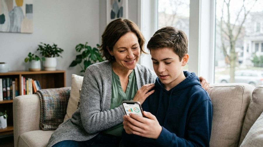 Persona enseñando a sus hijos a usar Mercado Pago de forma segura desde un dispositivo digital.