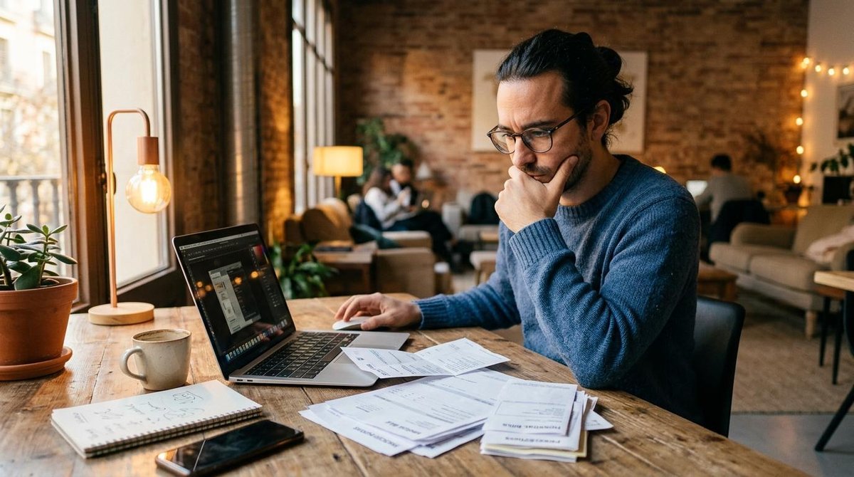 Trabajador independiente frente a su laptop en un espacio moderno, con documentos de gastos médicos sobre la mesa, reflejando la vulnerabilidad financ