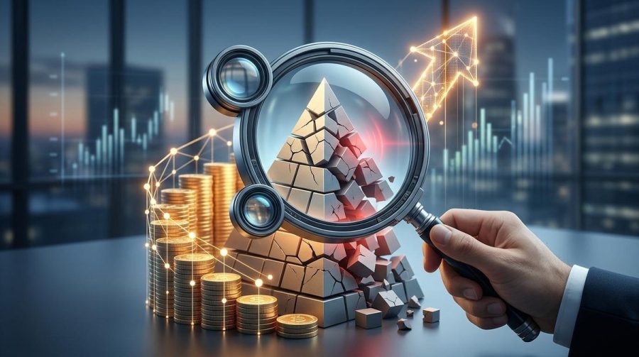Persona revisando documentos de inversión en su computadora para identificar señales de una pirámide financiera