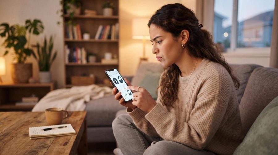 Persona revisando una oferta en su teléfono celular con expresión de duda antes de tomar una decisión de compra