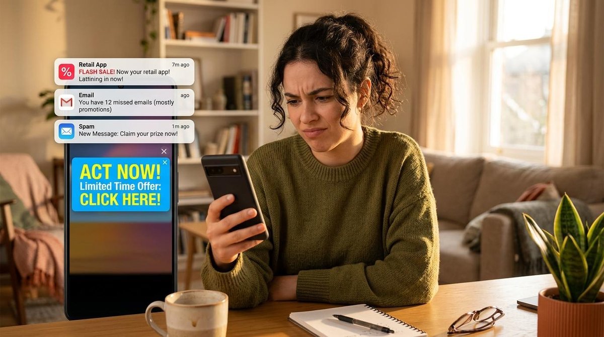 Una persona mira su teléfono celular con expresión de escepticismo mientras múltiples notificaciones y anuncios aparecen en pantalla, en un entorno co
