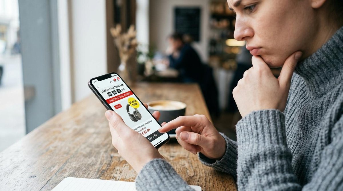 Primer plano de manos sosteniendo un smartphone que muestra una pantalla de compra con elementos visuales de urgencia, mientras la persona se detiene