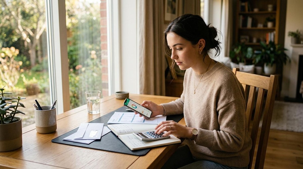 Una persona joven sentada frente a una mesa ordenada revisa documentos financieros, una calculadora y su teléfono móvil con una aplicación de presupue