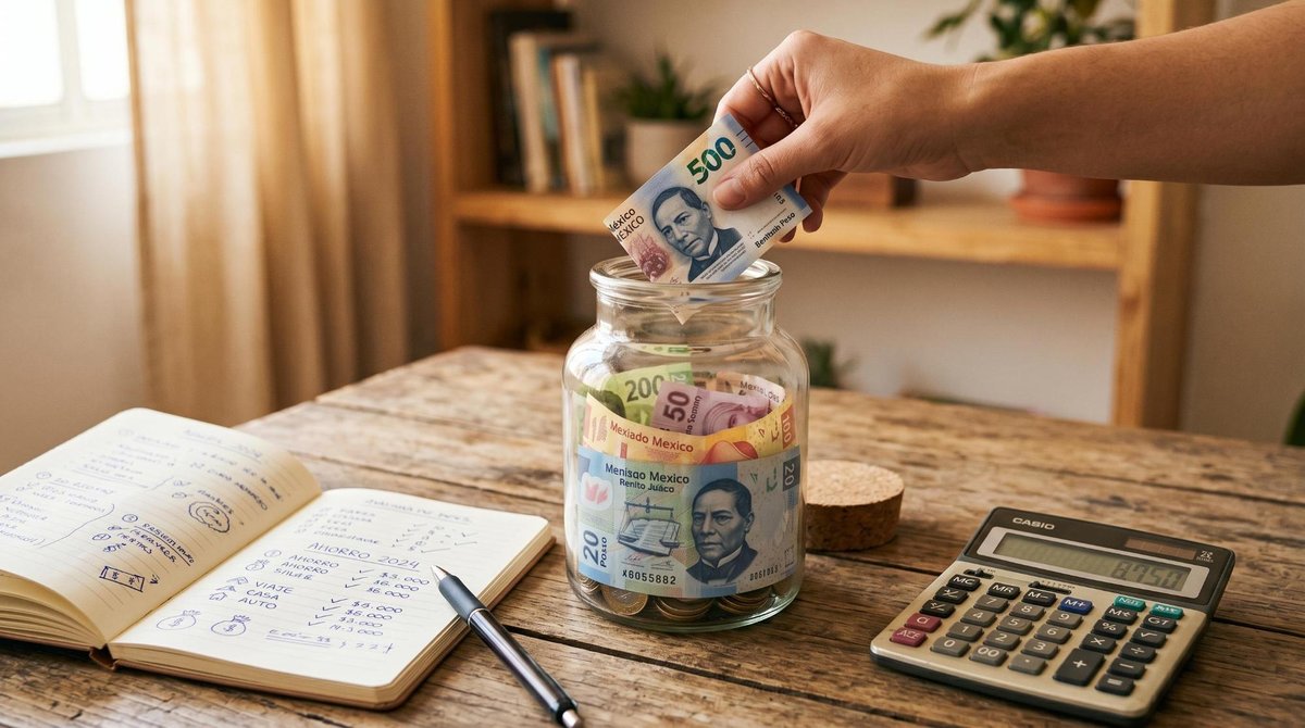Una mano deposita billetes mexicanos en un frasco de cristal transparente sobre una mesa de madera, acompañado de una libreta abierta con metas de aho
