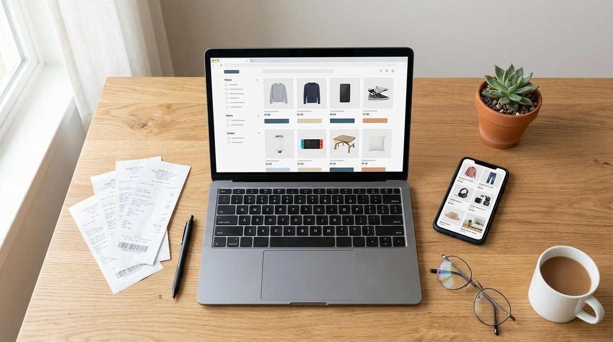Vista superior de un escritorio ordenado con una laptop abierta mostrando un sitio web de compras, recibos impresos y un teléfono móvil con capturas d