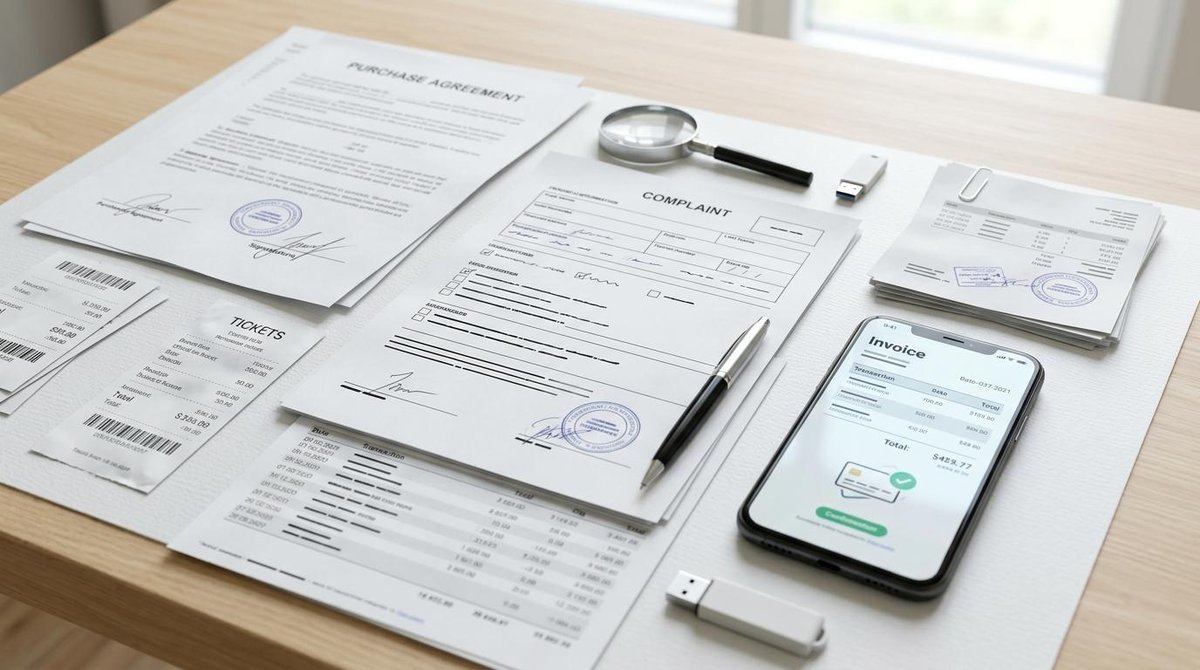 Primer plano de documentos de compra, facturas electrónicas y un teléfono inteligente mostrando evidencia digital sobre una superficie clara, organiza