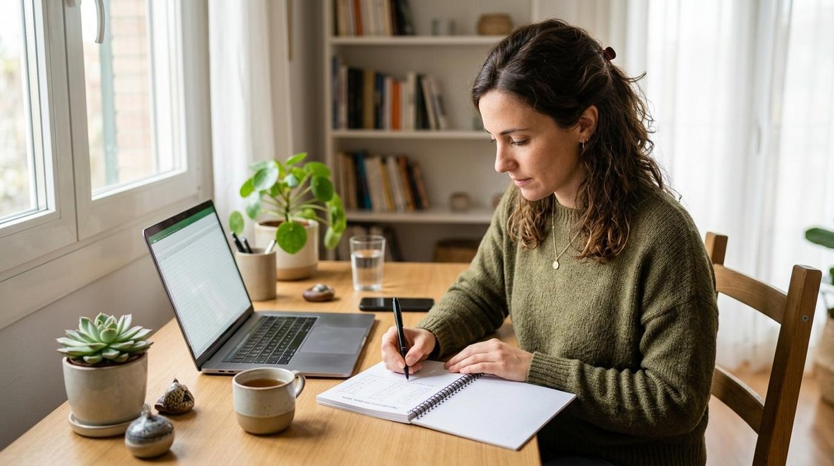 Una mujer escribiendo en una libreta de presupuesto frente a una laptop abierta en un escritorio ordenado con plantas pequeñas, luz natural suave y am