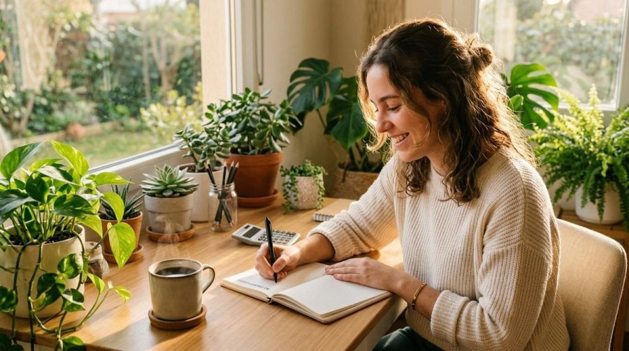 Persona sonriente revisando sus finanzas personales en un cuaderno junto a una taza de café, practicando gratitud financiera