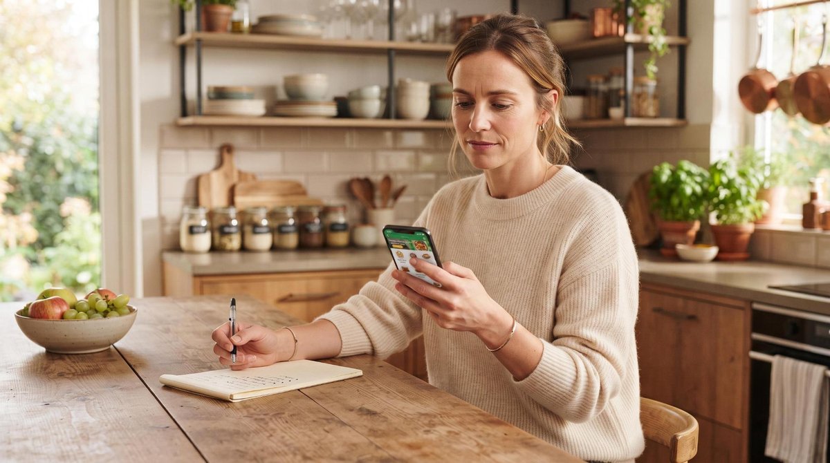 Una persona revisa su celular junto a una lista de compras escrita a mano, con expresión pensativa y serena antes de tomar una decisión de compra, en