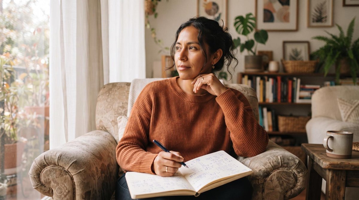 Una mujer mexicana reflexionando tranquilamente mientras sostiene una pluma sobre un cuaderno abierto con anotaciones financieras, expresión pensativa