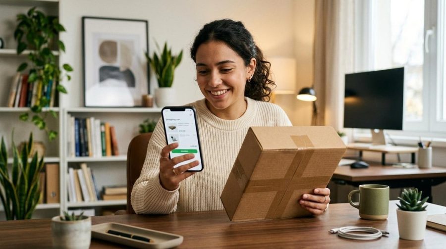 Persona revisando en su celular la confirmación de una compra en línea para ejercer su derecho de retracto en México