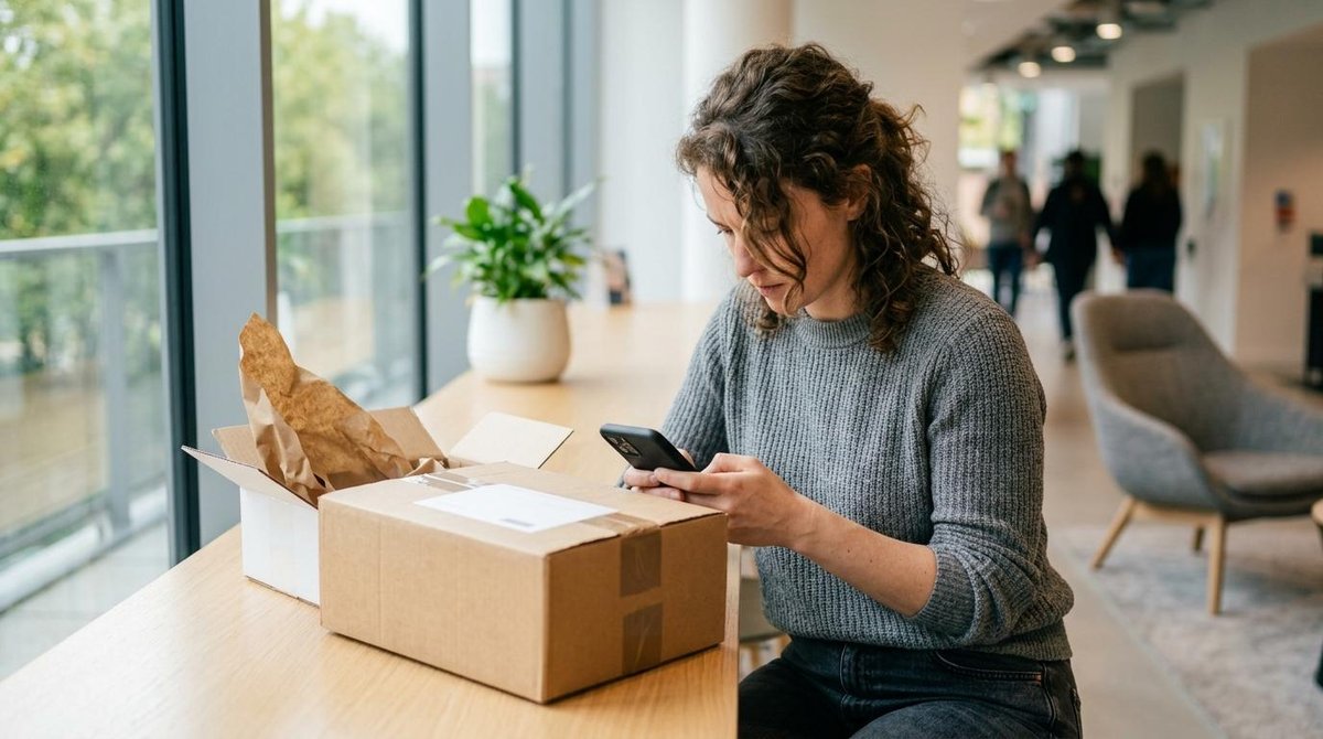 Persona revisando atentamente su teléfono celular junto a un paquete de entrega de comercio electrónico, sentada en un espacio moderno y luminoso que