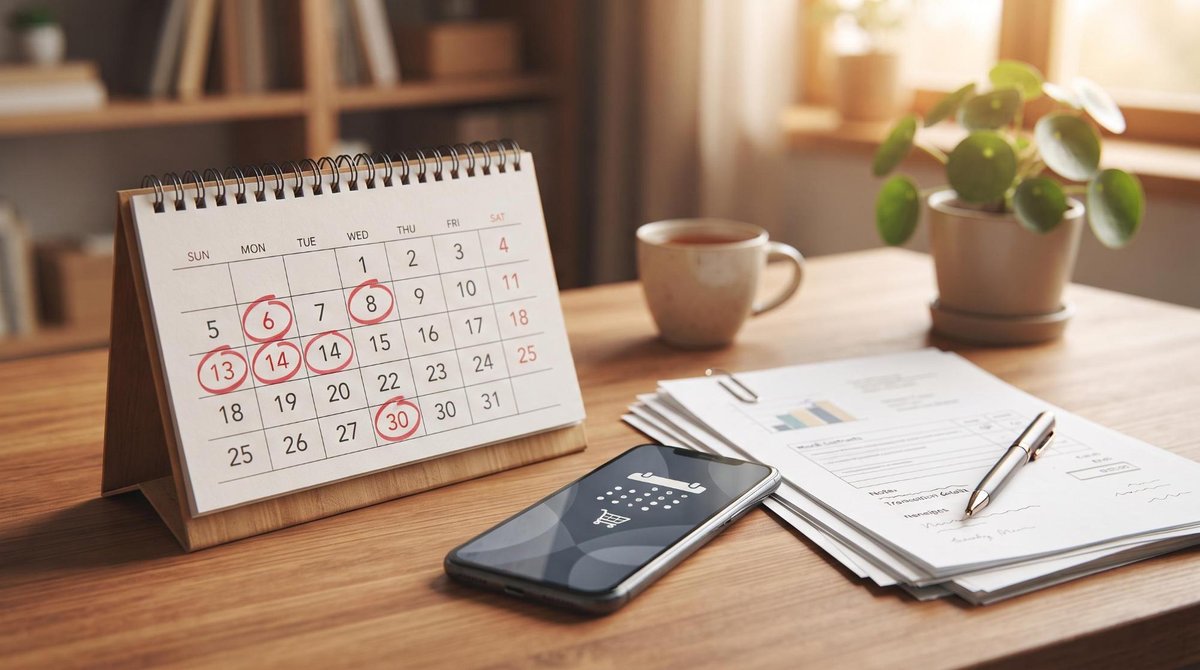 Calendario de escritorio con fechas marcadas y un smartphone junto a documentos, representando los plazos legales para ejercer los derechos del consum