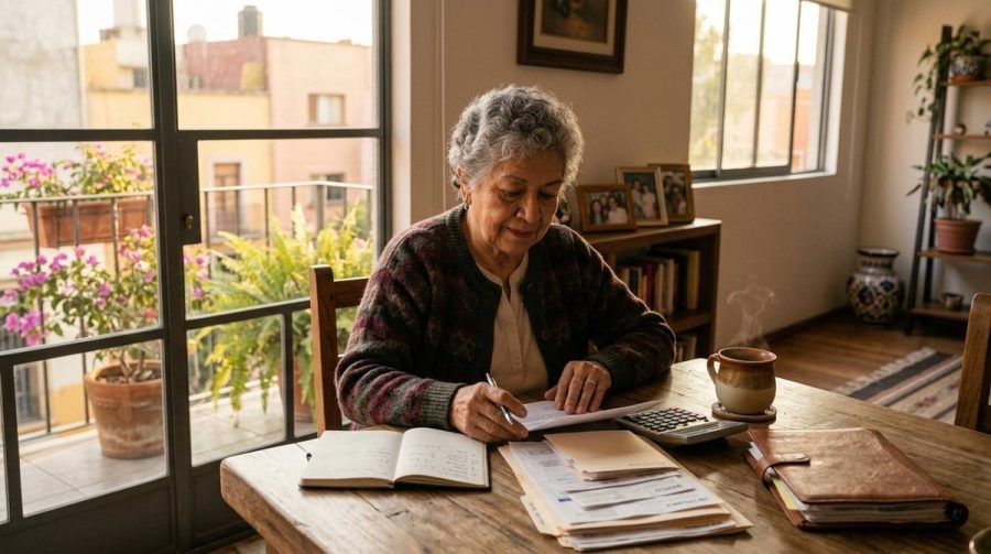Persona adulta mayor revisando documentos financieros junto a un familiar en una mesa de trabajo