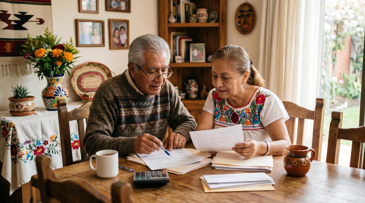 Pareja de adultos mayores revisando juntos documentos de pensión y estados de cuenta en la mesa del comedor, con una atmósfera tranquila y colaborativ
