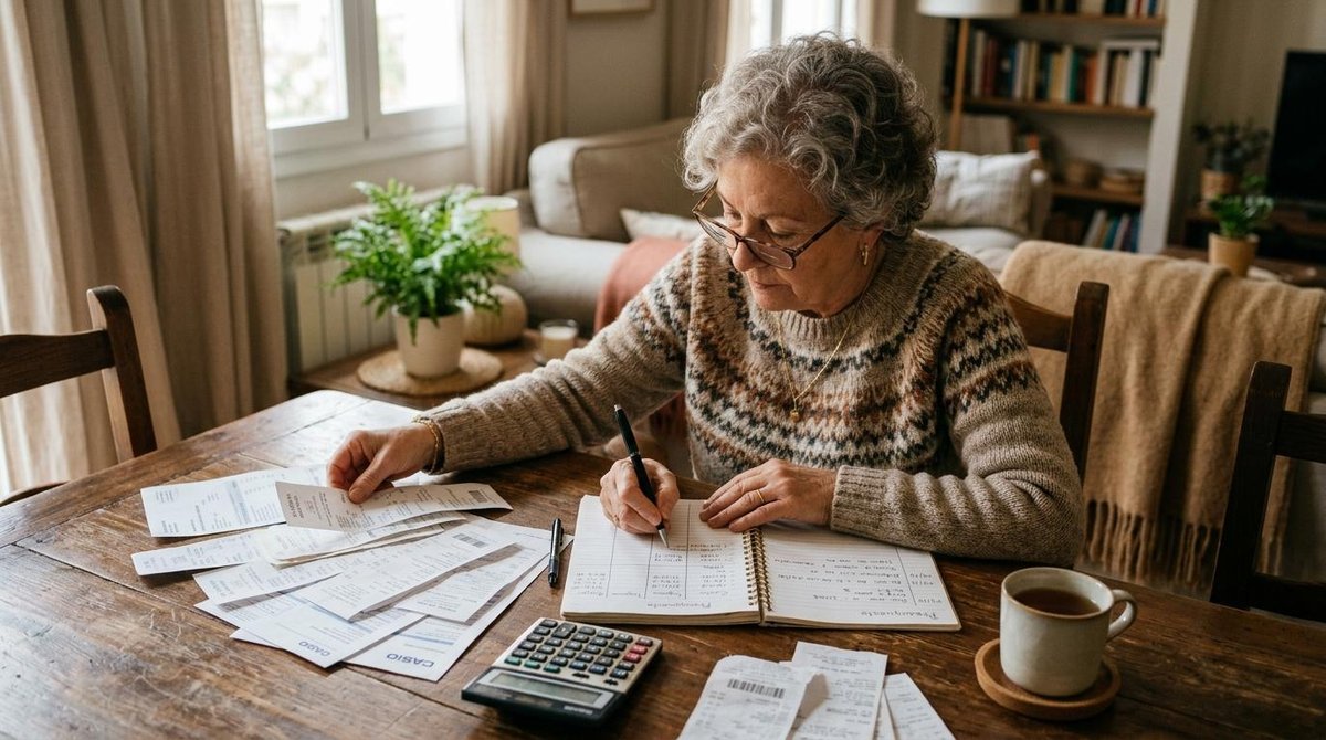 Persona adulta mayor escribiendo en un cuaderno de presupuesto mientras organiza recibos y facturas sobre una mesa de madera, con una calculadora y ga