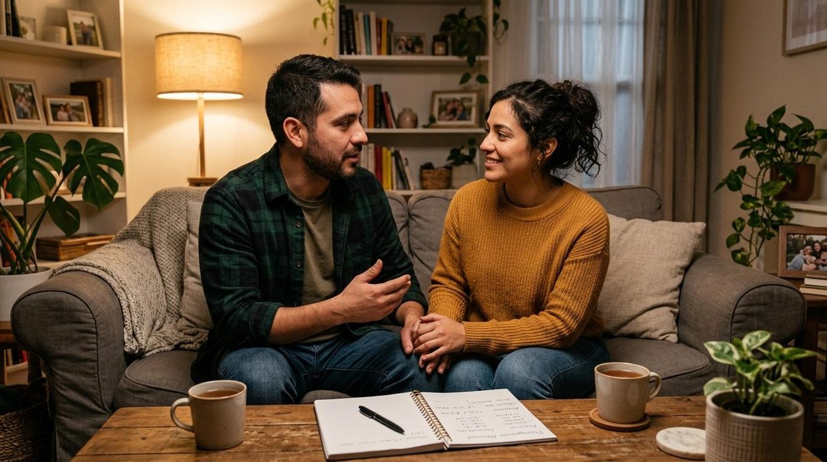 Personas teniendo una conversación abierta sobre dinero en pareja en un ambiente de confianza.