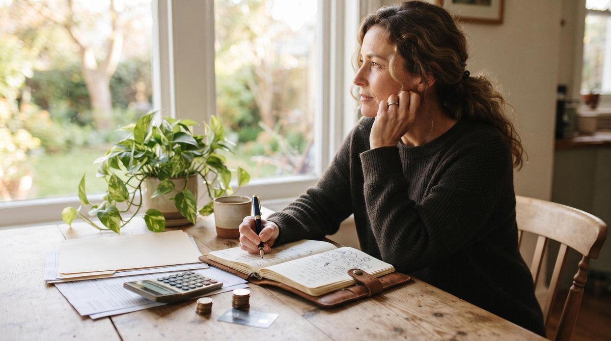 Una persona escribiendo reflexivamente en un cuaderno personal junto a una ventana con luz natural entrando, con documentos financieros organizados so