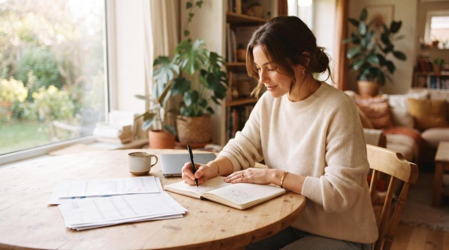Persona escribiendo en un cuaderno junto a su computadora mientras revisa sus finanzas personales
