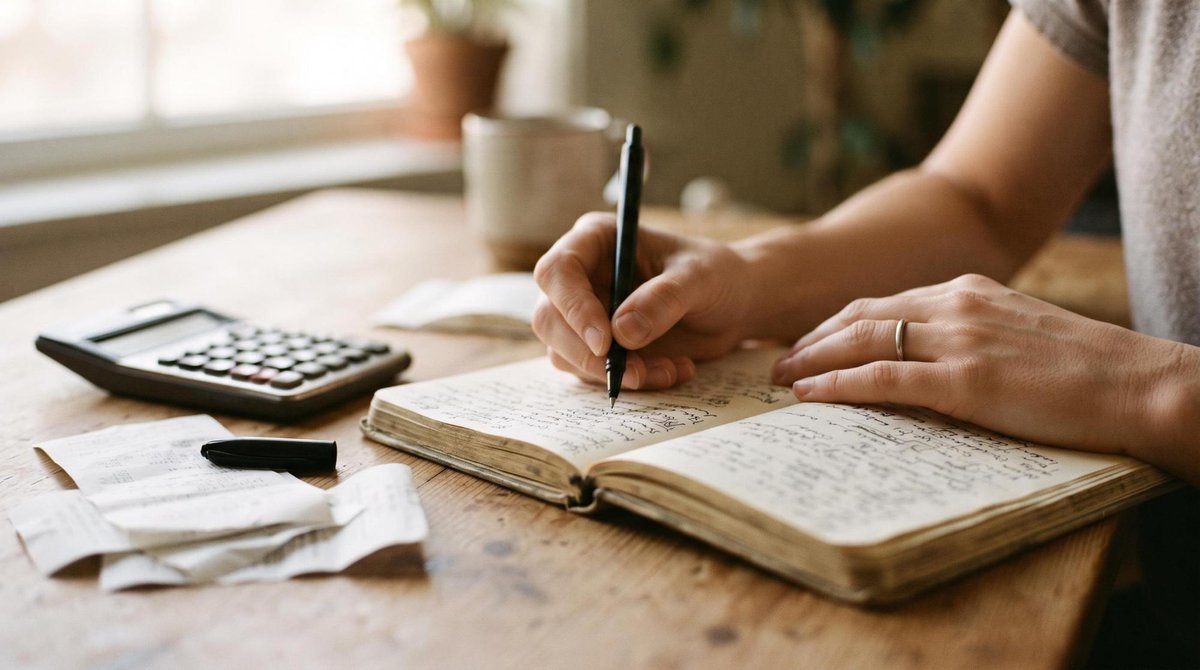 Primer plano de manos escribiendo reflexiones en un diario personal mientras una calculadora y recibos descansan sobre la mesa de trabajo, iluminación