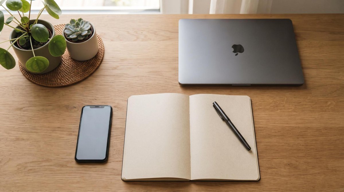 Vista aérea de un escritorio organizado con un cuaderno abierto, pluma elegante, smartphone y una computadora portátil cerrada, plantas decorativas en