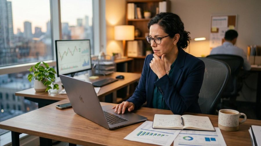 Persona analizando gráficas de inversión en una laptop para identificar su perfil de inversionista