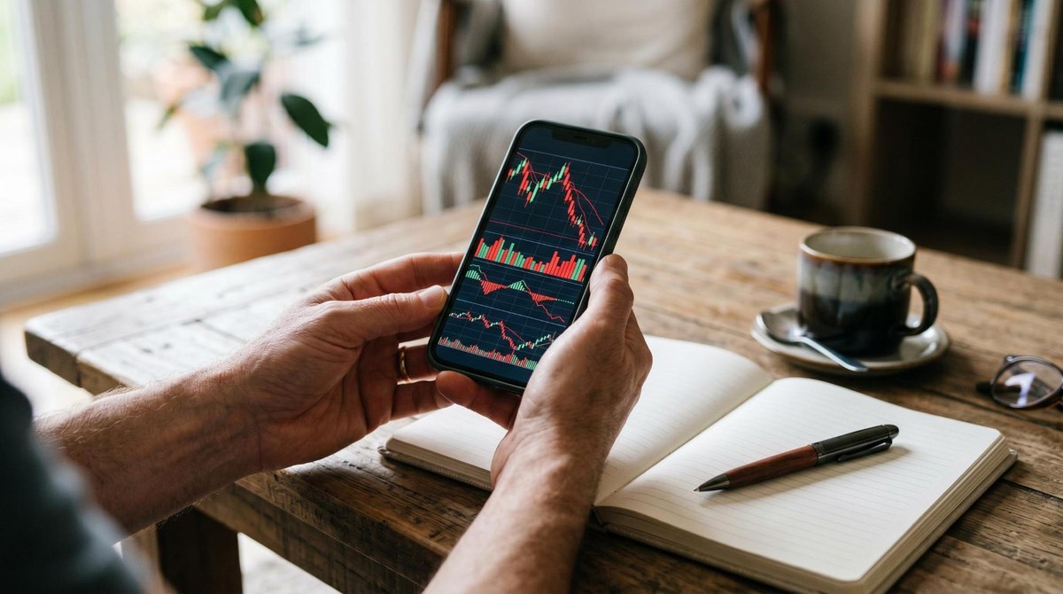 Manos sosteniendo un smartphone mostrando una aplicación de finanzas con gráficas bajas en rojo y verde, sobre una mesa de café con libreta y bolígraf
