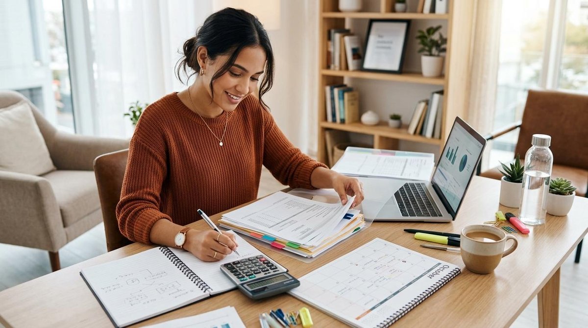 Una persona joven organizando documentos financieros y calculadora sobre un escritorio limpio con laptop abierta, planeando metas con calendario visib