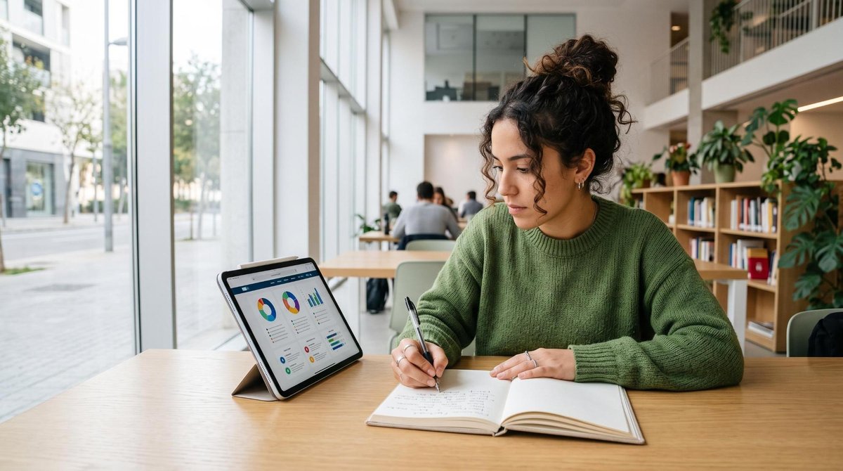Una mujer joven escribiendo notas en una libreta mientras consulta información en su tablet, sentada en un espacio luminoso y moderno.