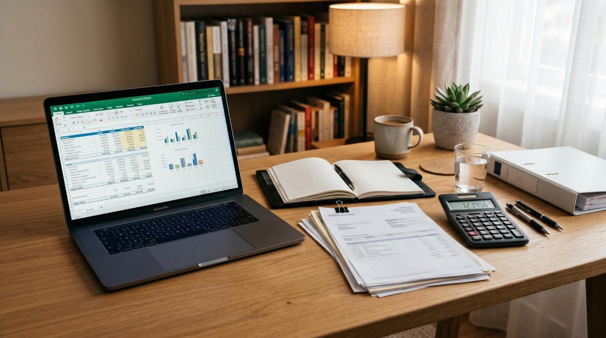 Espacio de trabajo ordenado con documentos financieros, laptop abierta mostrando hojas de cálculo y calculadora sobre un escritorio limpio, con ilumin