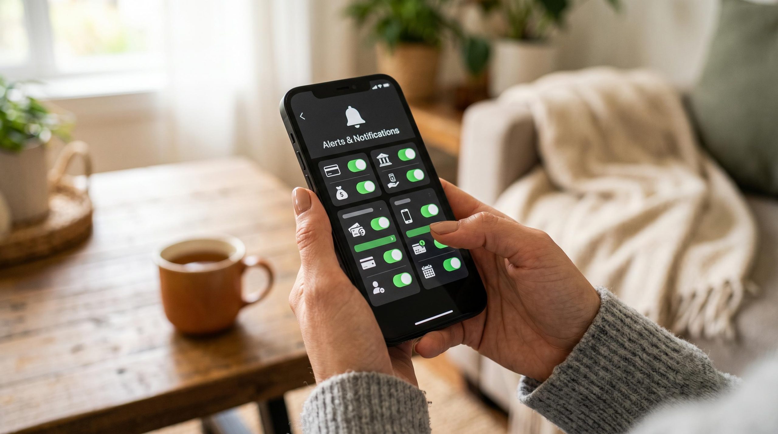 Persona sosteniendo un teléfono móvil y configurando las notificaciones en una aplicación financiera