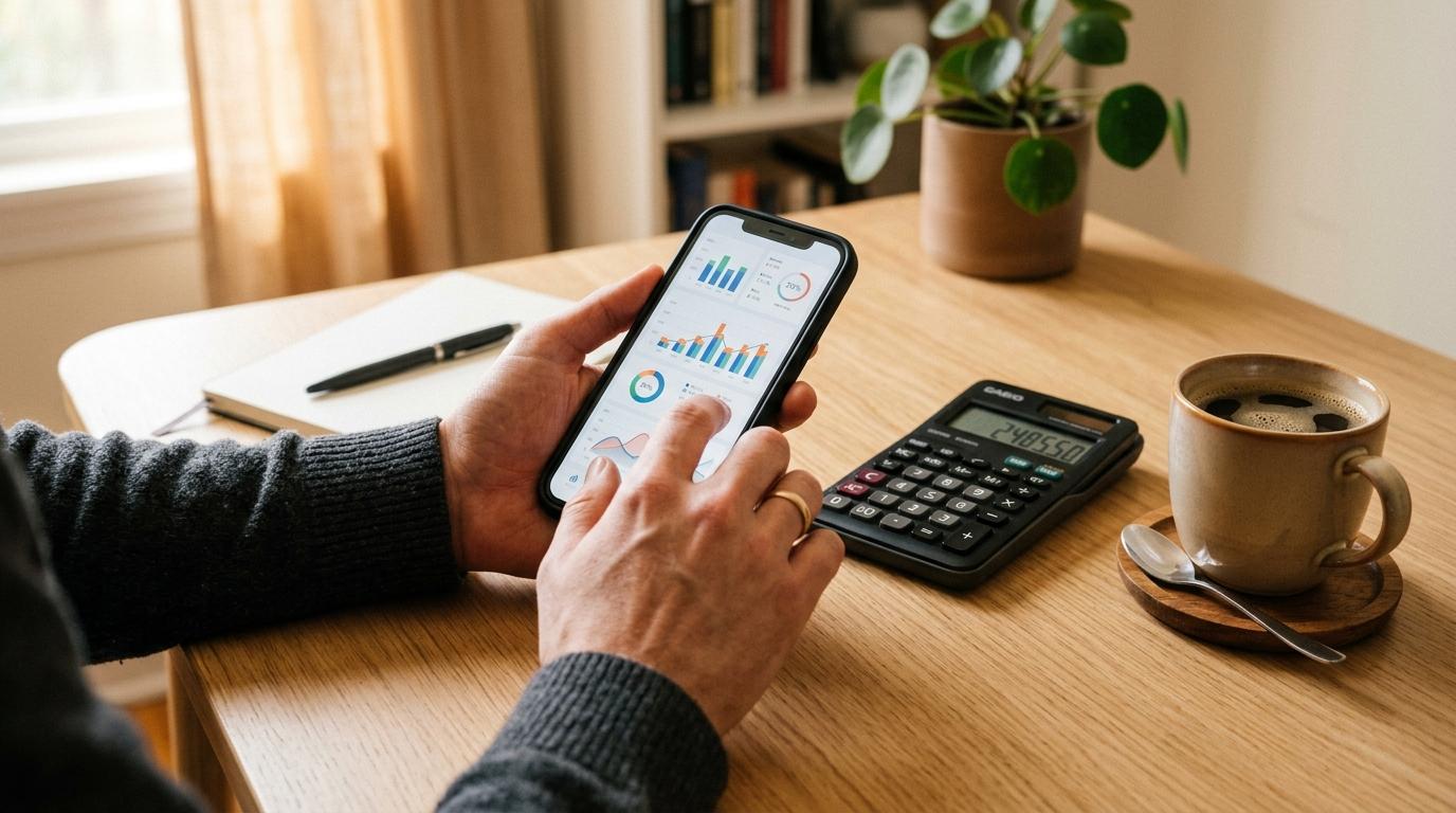 Persona revisando gráficos financieros en su teléfono mientras trabaja en una mesa con calculadora y café