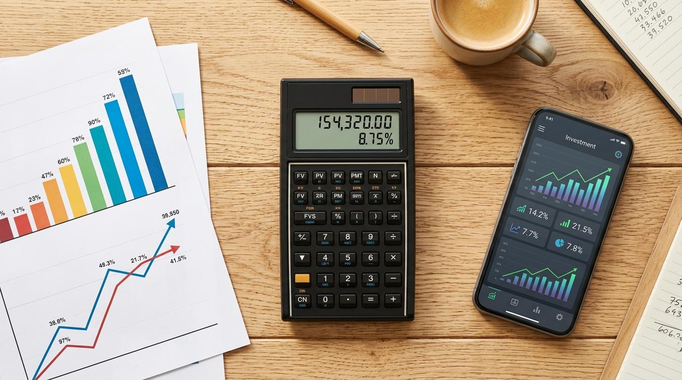 Calculadora, smartphone con gráficos financieros, papeles con estadísticas, taza de café y cuaderno sobre mesa de madera