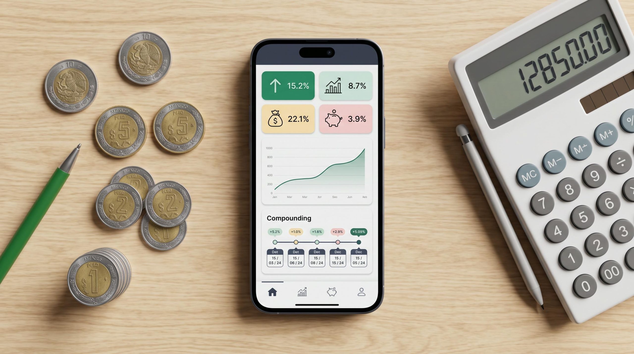 Móvil con app financiera, calculadora mostrando 1285000, monedas mexicanas y lápiz sobre mesa de madera clara