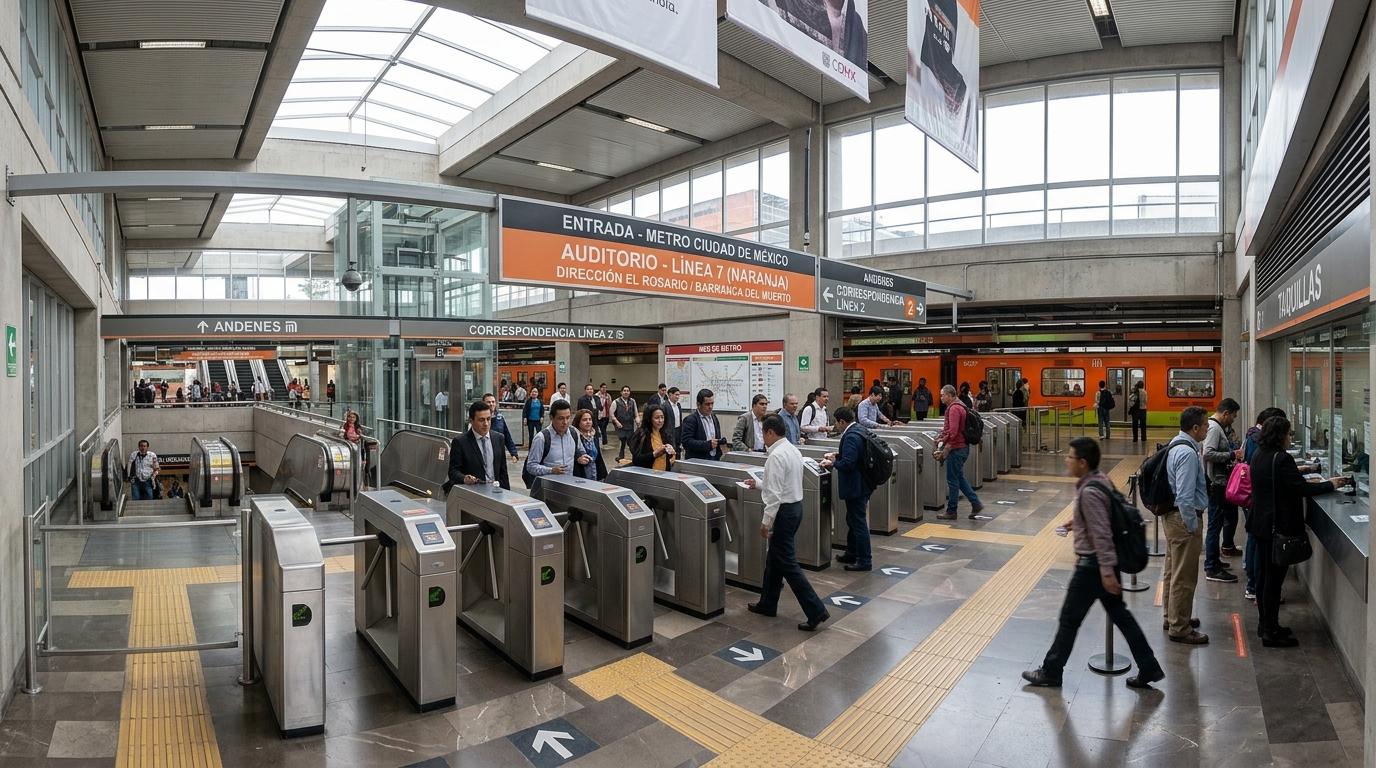Personas caminando y esperando en una estación de metro con tornos automáticos y señalización visible
