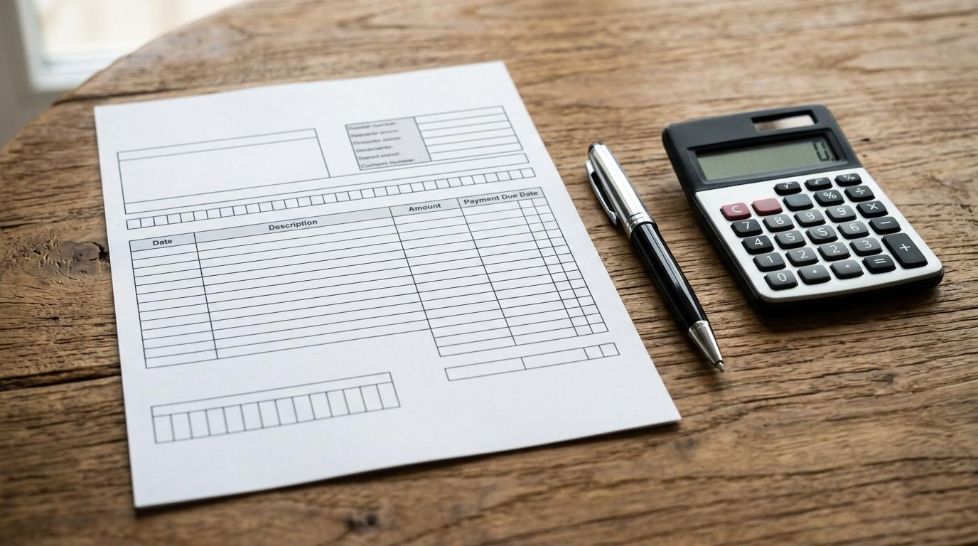 Cómo aprovechar la fecha de corte de tu tarjeta para maximizar tus compras 2 Primer plano de un estado de cuenta de tarjeta de crédito sobre una mesa de madera, con un bolígrafo y una calculadora cerca