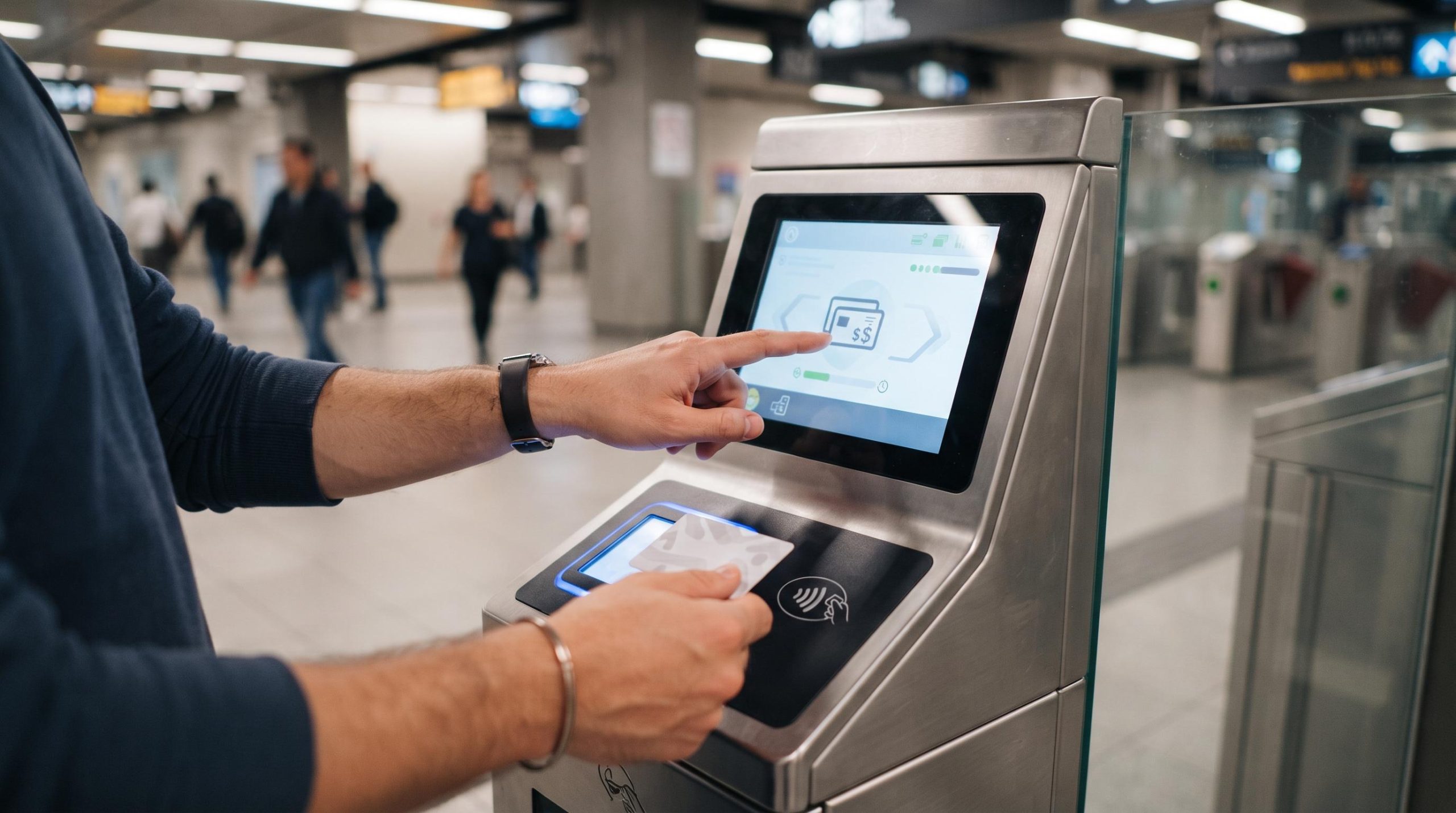persona tocando pantalla táctil de validador mientras sostiene tarjeta en estación de transporte público