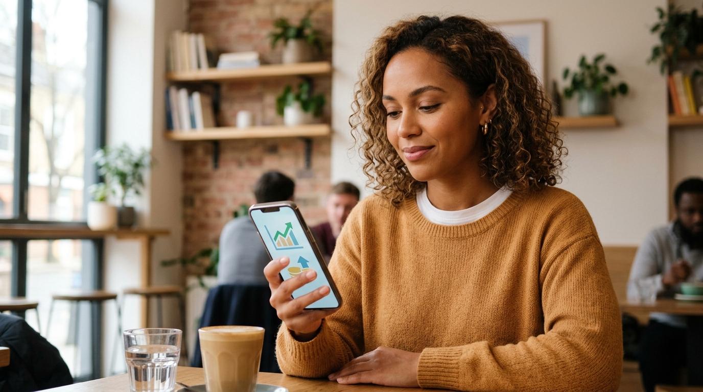 Persona con suéter mostaza mirando gráficos en el teléfono frente a una mesa con café