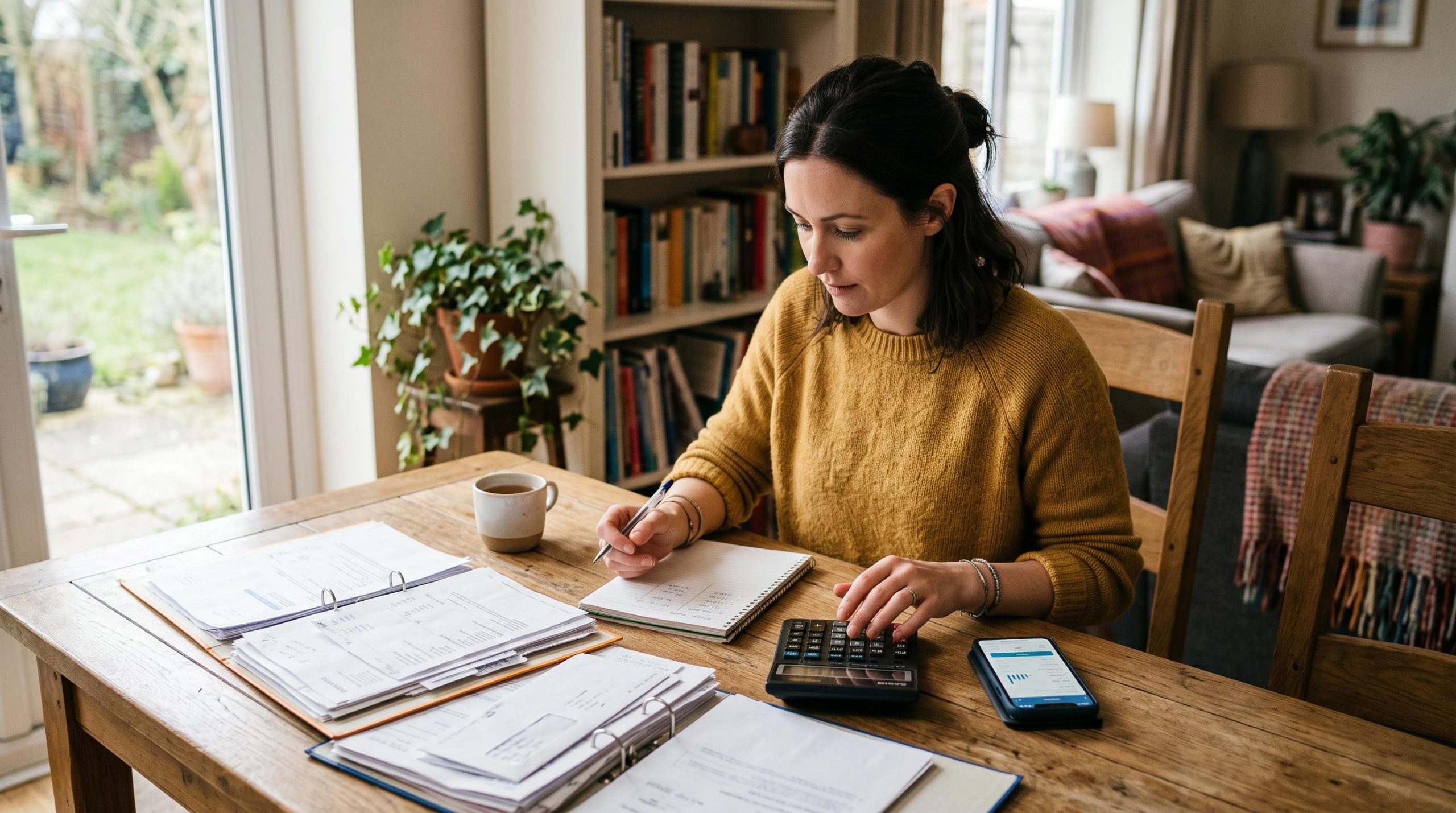 Persona escribiendo en cuaderno con calculadora y documentos sobre mesa de madera en ambiente hogareño