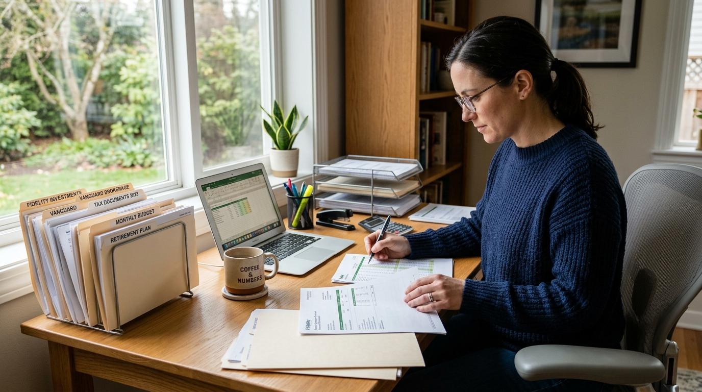 Persona con suéter azul escribiendo en documentos financieros sobre escritorio de madera junto a laptop y taza de café