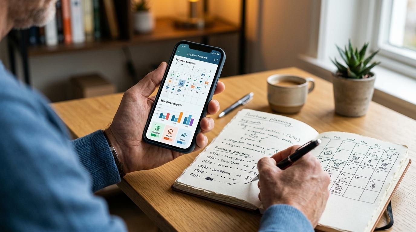 Cómo aprovechar la fecha de corte de tu tarjeta para maximizar tus compras 3 Manos sosteniendo un smartphone mostrando una aplicación bancaria con calendario de pagos visible, junto a una agenda abierta y notas escritas