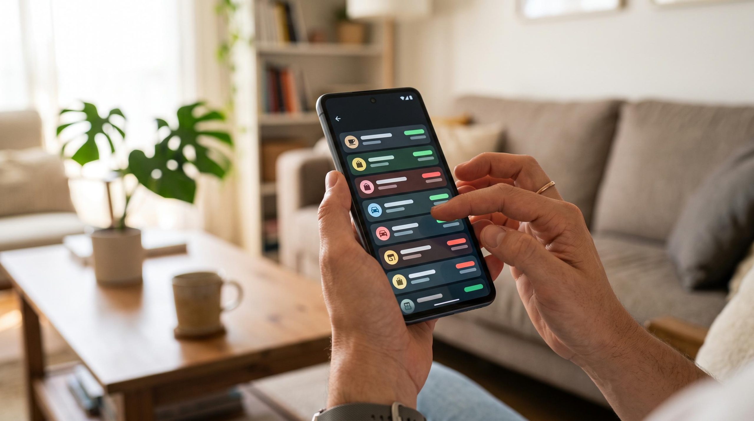 Persona usando smartphone con interfaz de control de hogar inteligente en sala de estar